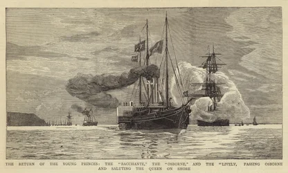 The Return of the Young Princes, the Bacchante the Osborne and the Lively, passing Osborne and saluting the Queen on Shore